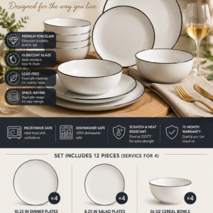 MALACASA LUNA white porcelain dinnerware set with black rim plates and bowls for modern dining table settings