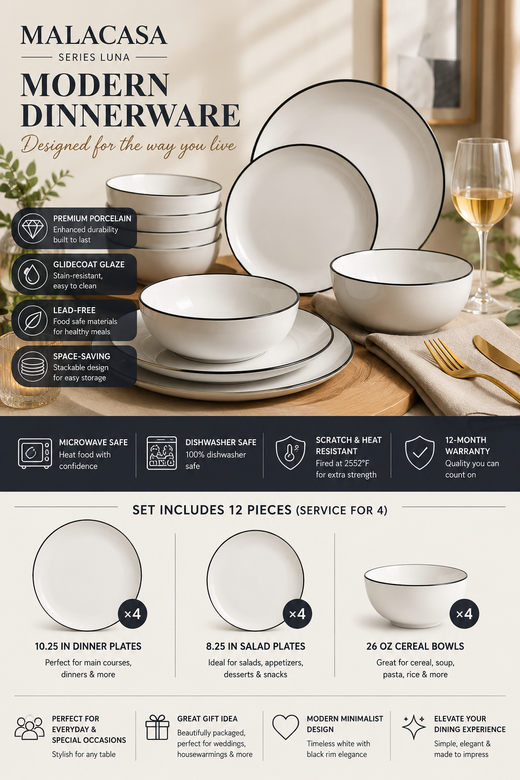 MALACASA LUNA 12-Piece Dinnerware Set MALACASA LUNA white porcelain dinnerware set with black rim plates and bowls for modern dining table settings