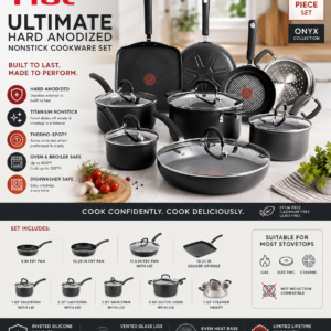 T-fal Ultimate Hard Anodized nonstick cookware set featuring fry pans, saucepans, Dutch oven, griddle, and glass lids