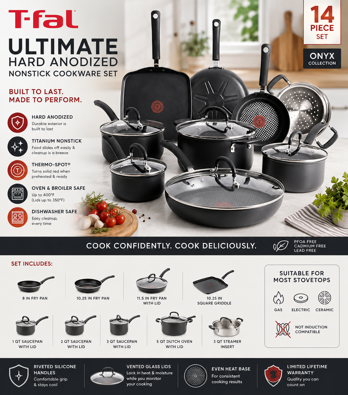 T-fal Ultimate Hard Anodized 14-Piece Cookware Set T-fal Ultimate Hard Anodized nonstick cookware set featuring fry pans, saucepans, Dutch oven, griddle, and glass lids