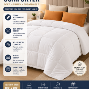 Bedsure queen size white comforter duvet insert with soft down alternative filling and box stitch design.