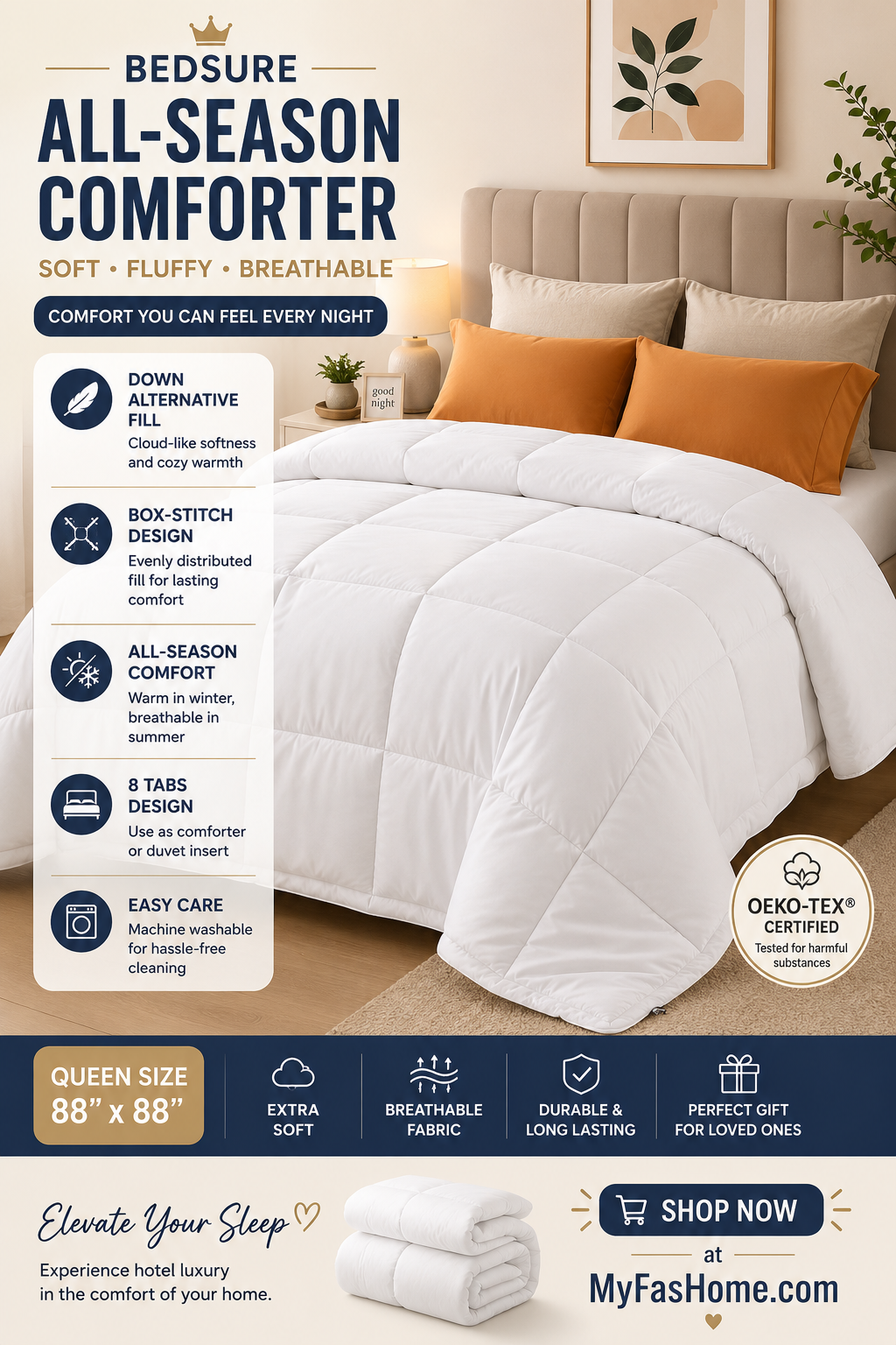 Bedsure Queen Comforter Duvet Insert Bedsure queen size white comforter duvet insert with soft down alternative filling and box stitch design.