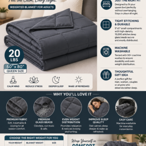 Yescool 20 lb grey weighted blanket folded neatly, featuring cooling breathable fabric and premium glass bead filling for adults.