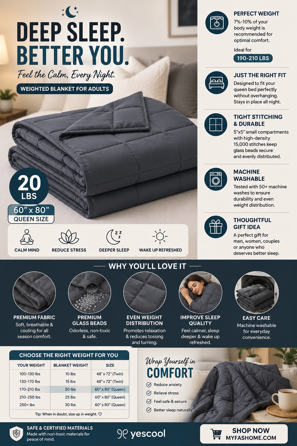 Yescool Weighted Blanket 20 lbs Queen Size Yescool 20 lb grey weighted blanket folded neatly, featuring cooling breathable fabric and premium glass bead filling for adults.