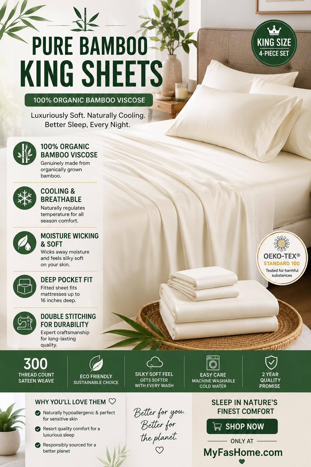 Pure Bamboo King Sheets Cooling Bedding Set Pure Bamboo King Sheets made from 100% organic bamboo viscose featuring cooling comfort and luxurious softness.