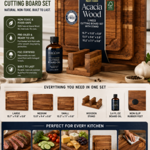 Deer and Oak acacia cutting board set with three wooden chopping boards, storage stand, and food-safe cutting board oil