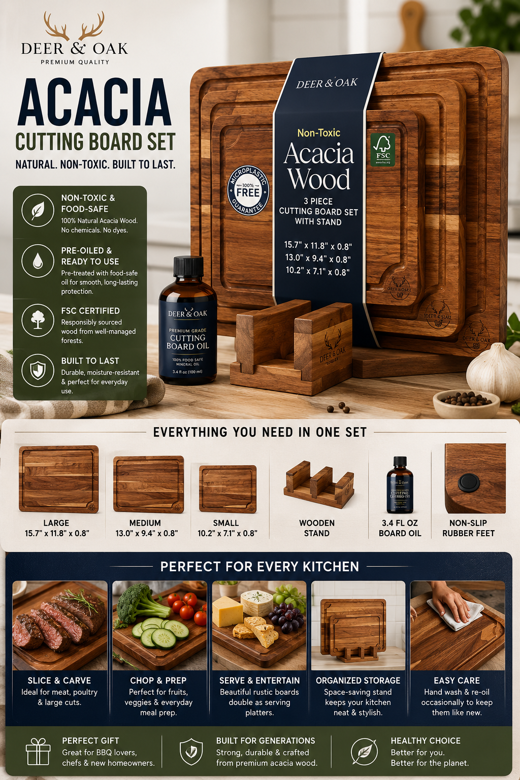 Deer & Oak Acacia Cutting Board Set Deer and Oak acacia cutting board set with three wooden chopping boards, storage stand, and food-safe cutting board oil