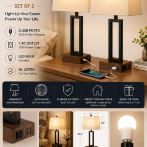 Modern bedside table lamp set with USB charging ports, AC outlet, wood base, black metal frame, and linen fabric shade