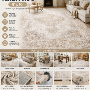 Vintage distressed beige area rug 8x10 with soft low pile texture, machine washable design, and non-slip backing for living room decor