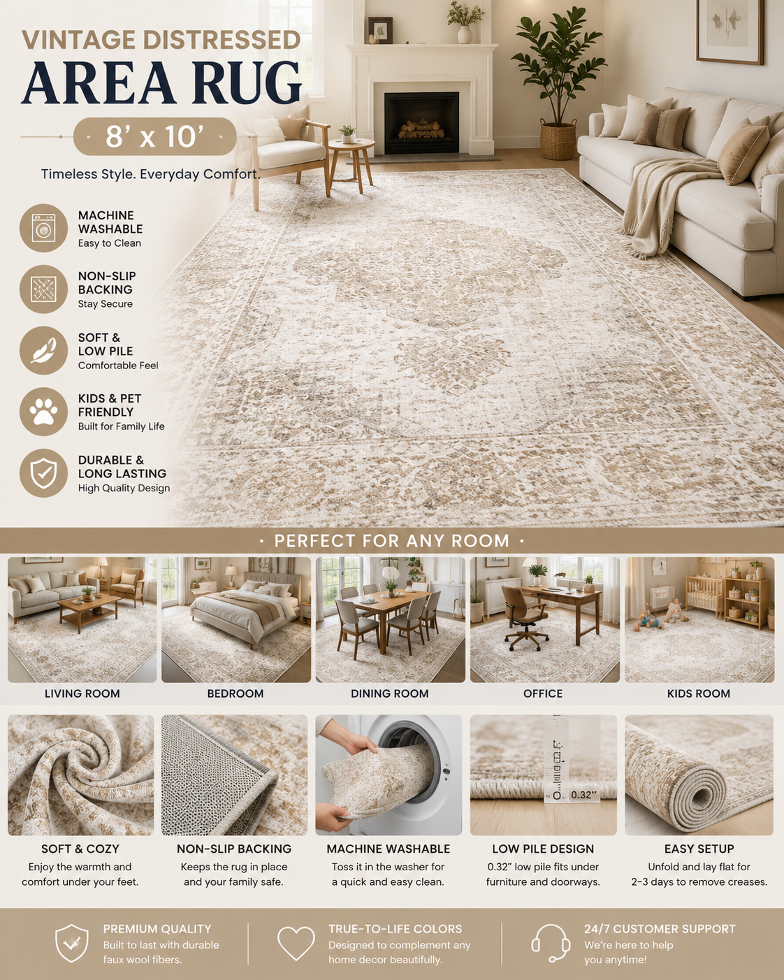 Vintage Distressed Area Rug 8x10 Vintage distressed beige area rug 8x10 with soft low pile texture, machine washable design, and non-slip backing for living room decor