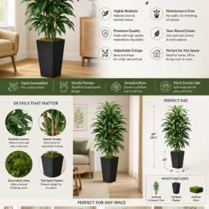 5FT artificial dracaena tree with realistic green leaves and modern black planter for living room and office decor