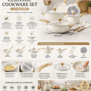 SENSARTE ceramic cookware set featuring non-stick frying pans, casserole pot, saucepan, saute pan, glass lids, and wood-grain handles