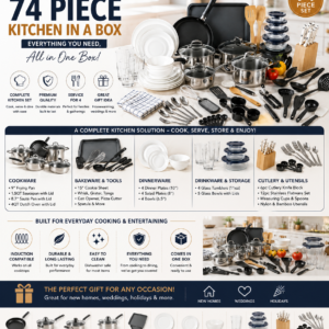 Gibson Home 74 piece kitchen set including cookware, dinnerware, utensils, cutlery, storage containers, and glassware