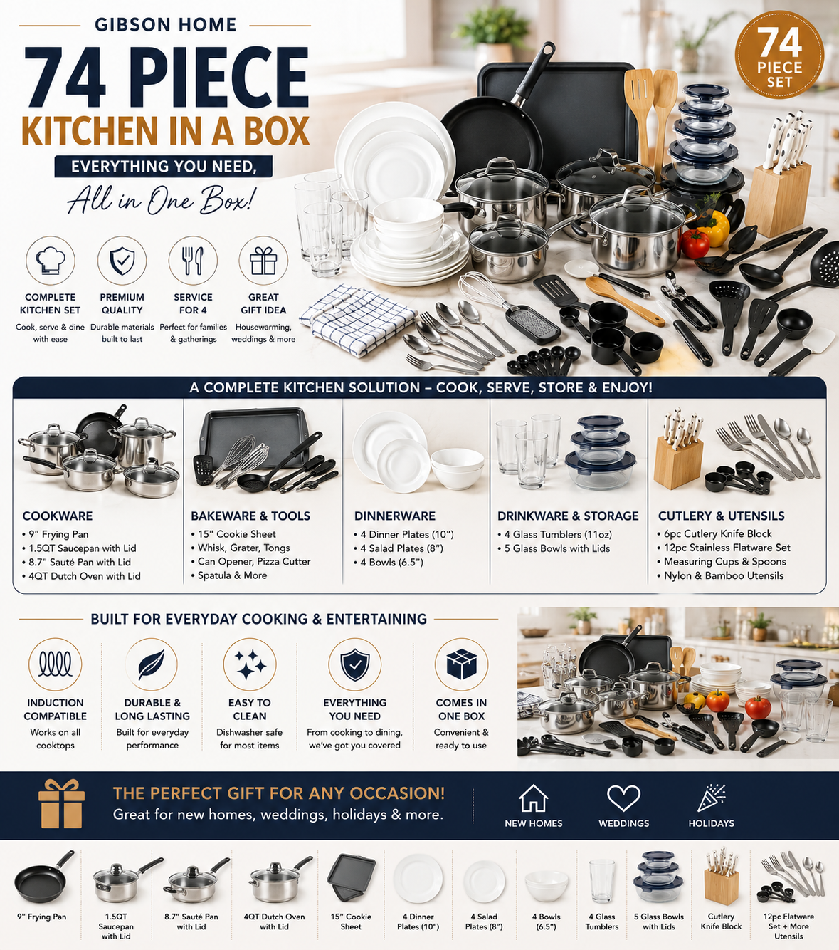 Gibson Home 74 Piece Kitchen In A Box Set Gibson Home 74 piece kitchen set including cookware, dinnerware, utensils, cutlery, storage containers, and glassware