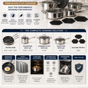 SNOWCLAD 14 piece hybrid stainless steel cookware set with non-stick frying pans, saucepans, saute pan, casserole pot, and induction-compatible tri-ply construction