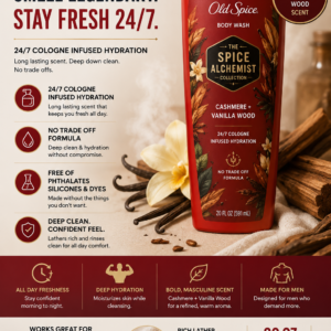Old Spice Cashmere and Vanilla Wood Body Wash for men with 24-hour freshness and hydrating formula.
