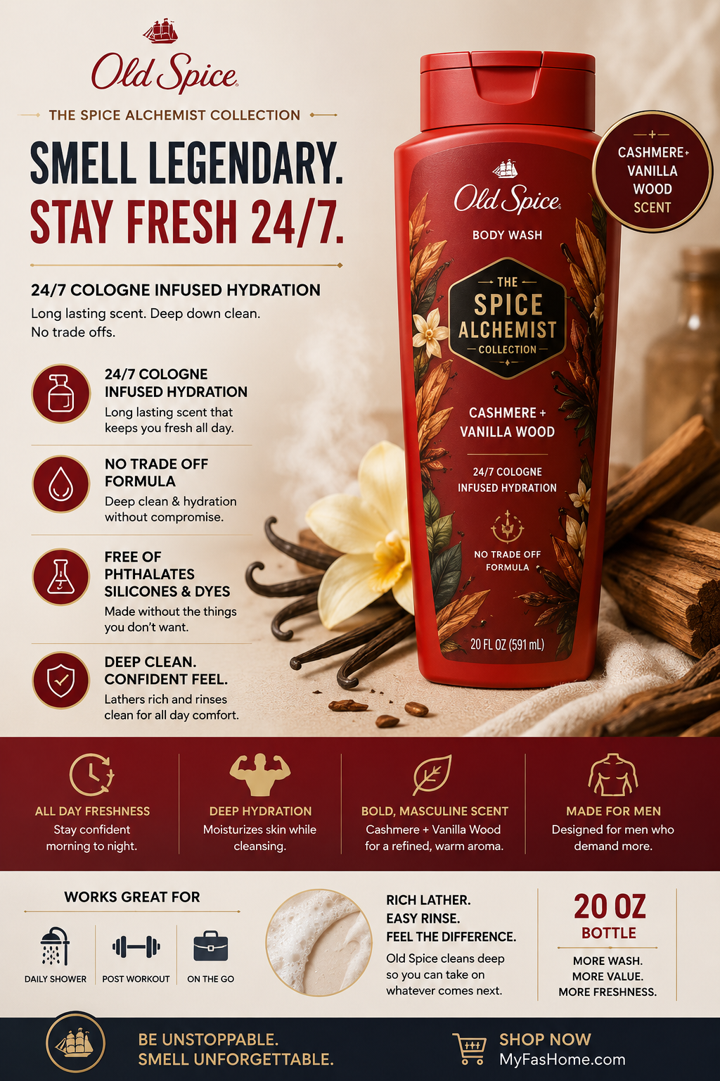 Old Spice Cashmere Vanilla Wood Body Wash Old Spice Cashmere and Vanilla Wood Body Wash for men with 24-hour freshness and hydrating formula.
