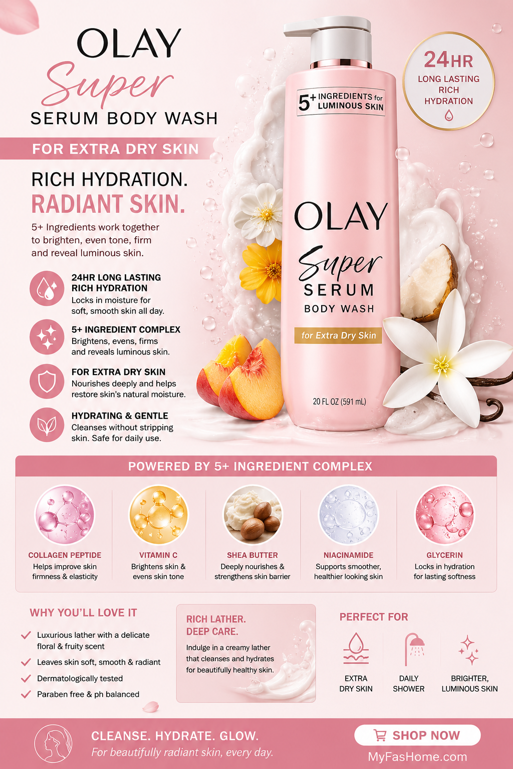 Olay Super Serum Body Wash Extra Dry Skin Olay Super Serum Body Wash for extra dry skin with Vitamin C, Collagen Peptide, and Shea Butter for radiant glowing skin.