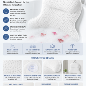 Luxury bathtub pillow with ergonomic neck and back support made from breathable 4D mesh fabric.
