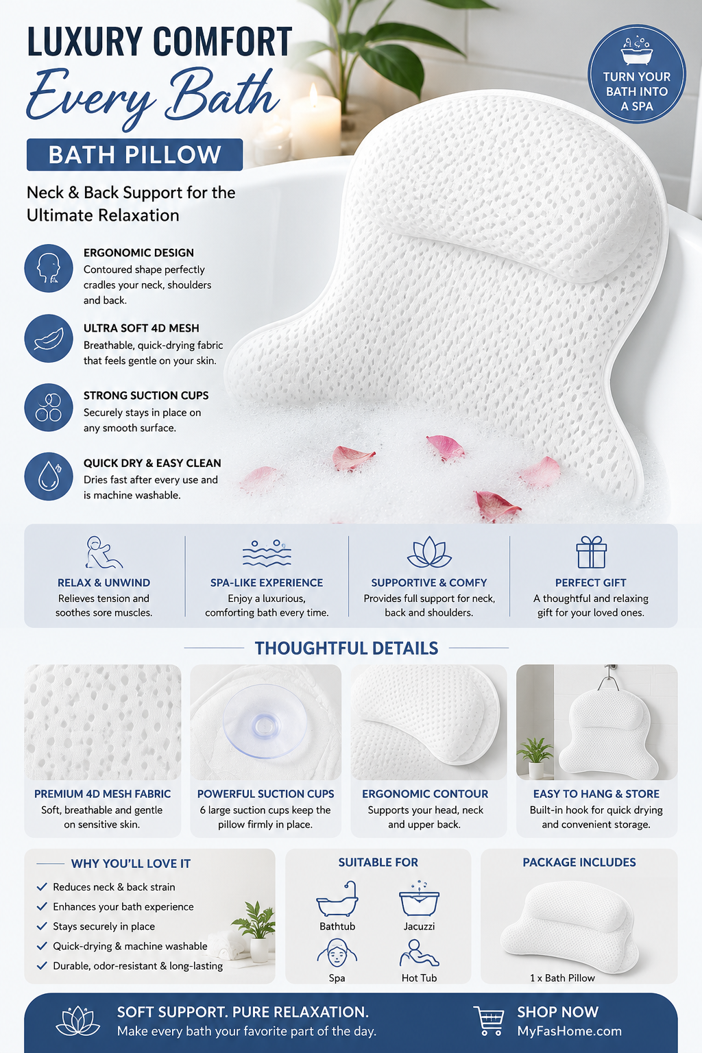 Luxury Bath Pillow for Tub Luxury bathtub pillow with ergonomic neck and back support made from breathable 4D mesh fabric.