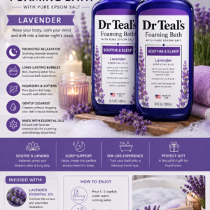 Dr Teal's Lavender Foaming Bath with Pure Epsom Salt and essential oils for relaxation and sleep support.