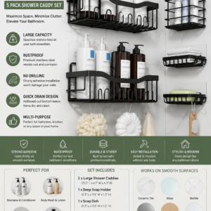EUDELE adhesive shower caddy set featuring rustproof stainless steel bathroom storage shelves with large capacity.