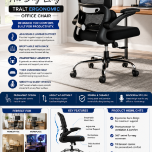 TRALT ergonomic office chair with adjustable lumbar support, breathable mesh back, and rolling wheels for home office use.