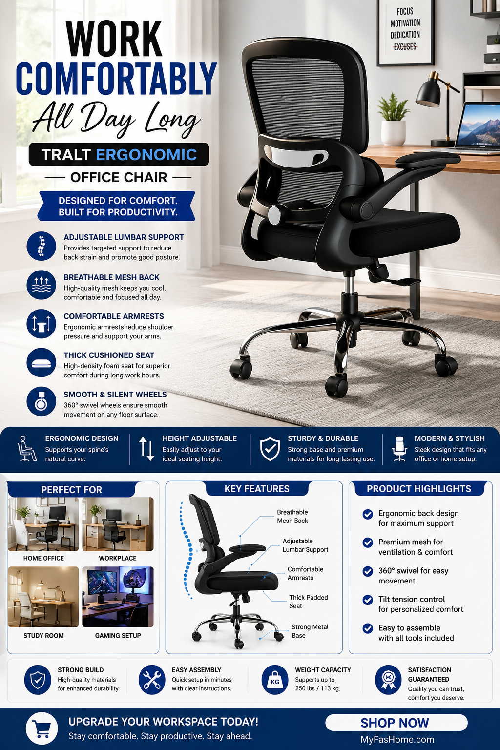TRALT Ergonomic Office Chair TRALT ergonomic office chair with adjustable lumbar support, breathable mesh back, and rolling wheels for home office use.