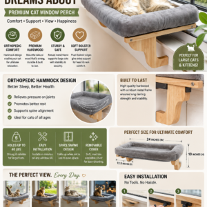 Zakkart cat window perch with soft gray bolster bed and sturdy wooden frame mounted on a window sill.