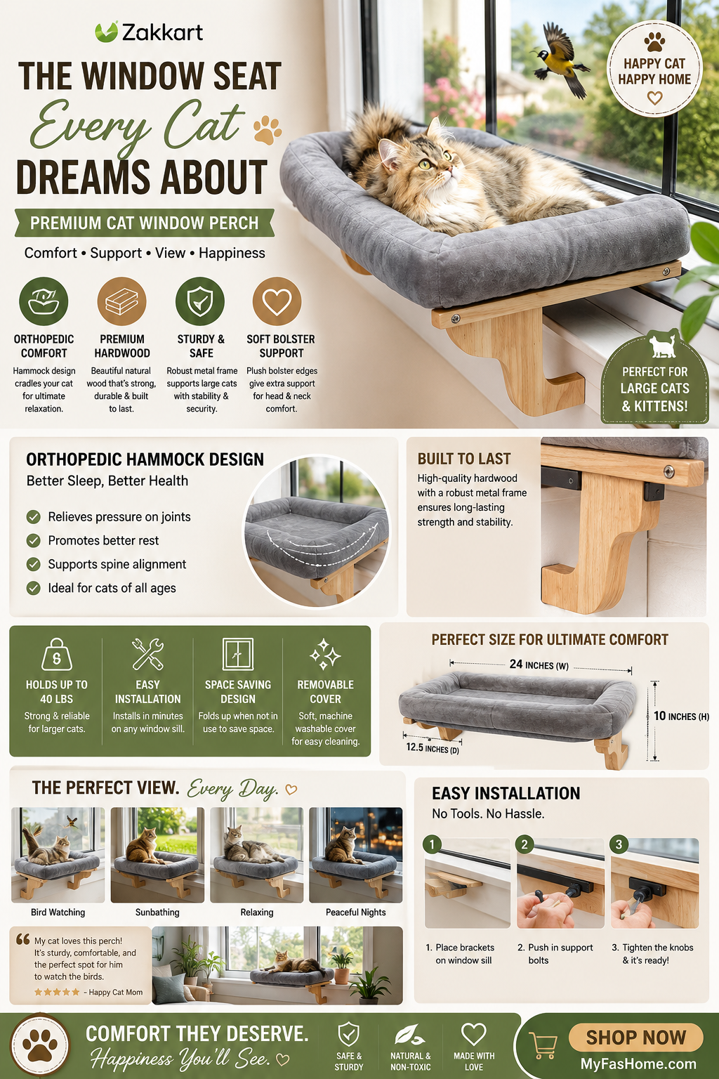 Zakkart Cat Window Perch Zakkart cat window perch with soft gray bolster bed and sturdy wooden frame mounted on a window sill.