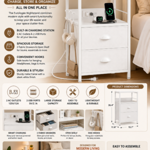 White Furologee nightstand with charging station, fabric drawers, USB ports, power outlets, and storage shelf.
