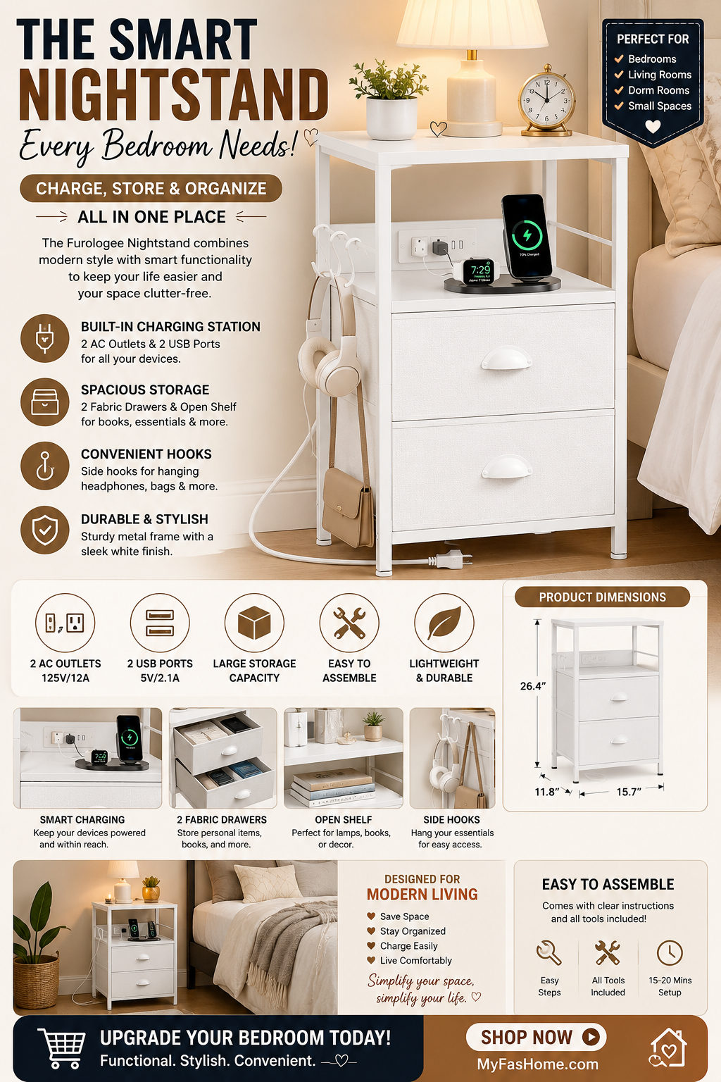Furologee Nightstand with Charging Station White Furologee nightstand with charging station, fabric drawers, USB ports, power outlets, and storage shelf.