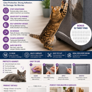 Clear anti-cat scratch furniture protector attached to a gray sofa preventing claw damage from a cat.