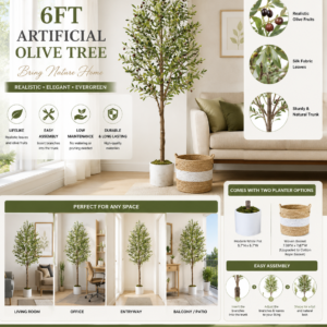 6FT artificial olive tree with realistic green leaves, olive fruits, decorative woven basket, and planter for living room home decor