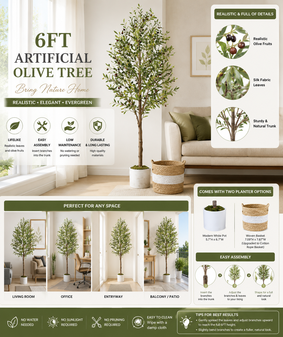 6FT Artificial Olive Tree with Basket 6FT artificial olive tree with realistic green leaves, olive fruits, decorative woven basket, and planter for living room home decor