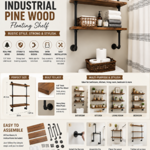 3 tier real pine wood floating shelf with industrial black pipe brackets used for bathroom storage and wall organization
