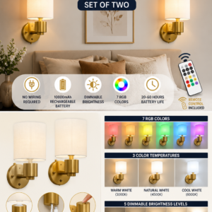 Battery operated wall sconces set of two with rechargeable RGB bulbs, fabric shades, remote control, and wireless installation for bedroom decor