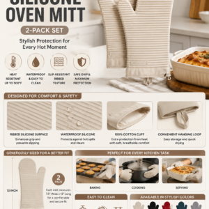 KitchenAid ribbed soft silicone oven mitt set in milkshake color featuring heat resistant waterproof design for cooking and baking