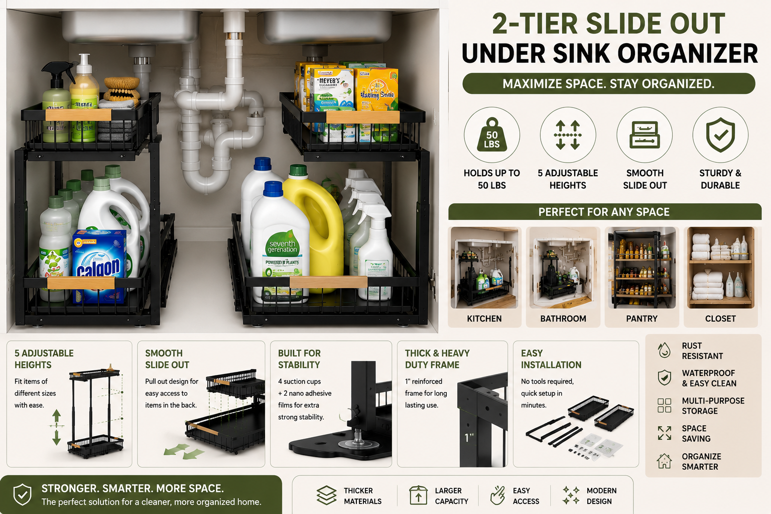 kitstorack under sink organizer, 2 tier under the sink storage, slide out pull out cabinet organizer shelf, metal sliding drawer for kitchen bathroom pantry closet organization rack, black, 2 pack kitstorack under sink organizer, 2 tier under the sink storage, slide out pull out cabinet organizer shelf, metal sliding drawer for kitchen bathroom pantry closet organization rack, black, 2 pack