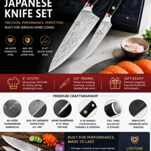 Dalstrong Shogun ELITE Japanese knife set featuring 8 inch Gyuto chef knife and 3.5 inch paring knife crafted from 66-layer Damascus AUS-10V steel