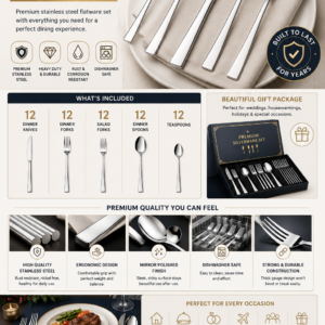 60 piece stainless steel silverware set for 12 including dinner knives, forks, spoons, and teaspoons with mirror polished finish