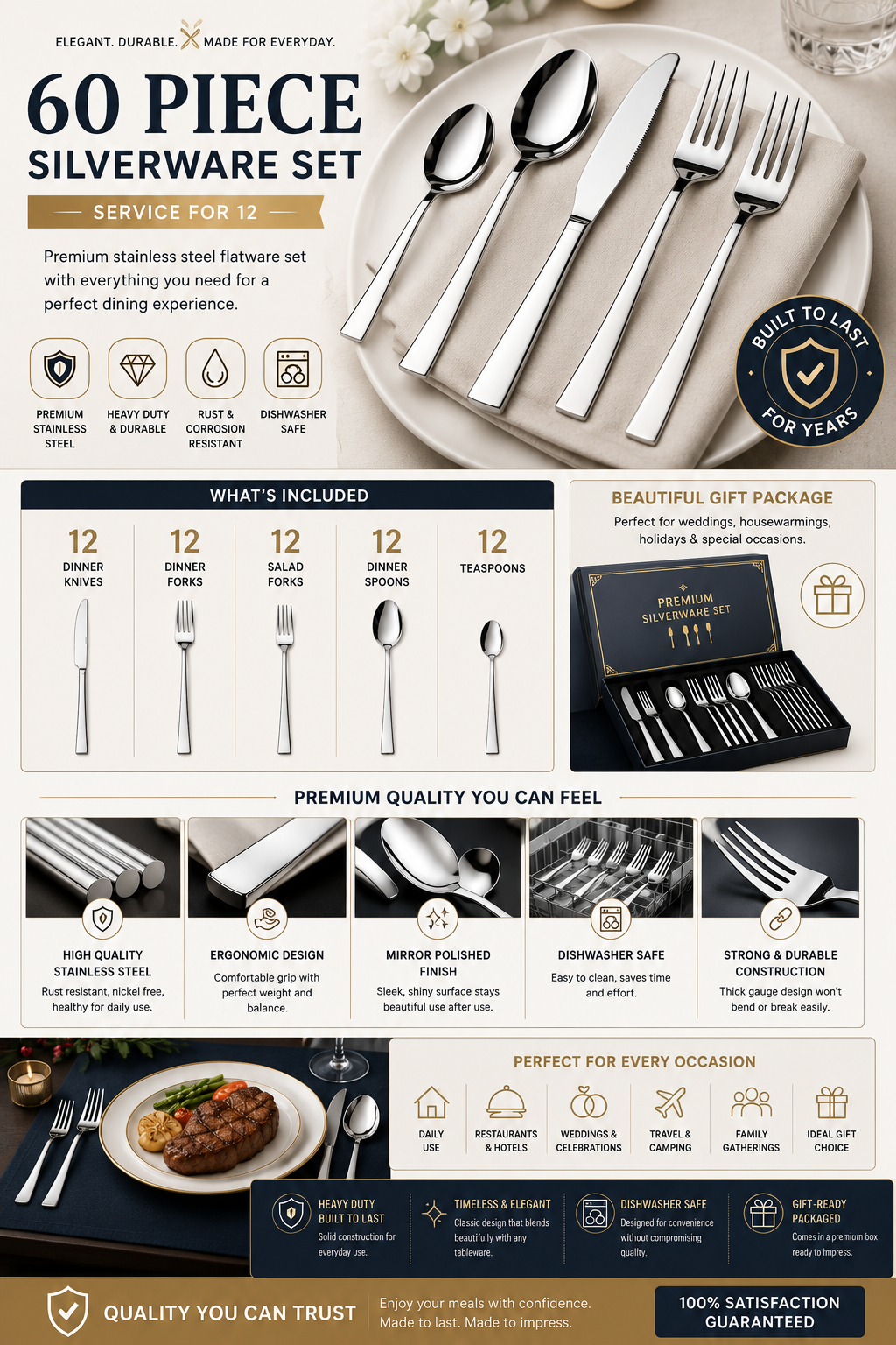 60 Piece Stainless Steel Silverware Set 60 piece stainless steel silverware set for 12 including dinner knives, forks, spoons, and teaspoons with mirror polished finish