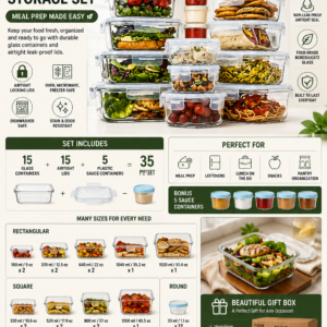 Razab 35 piece glass food storage containers set with airtight lids, meal prep containers, and leak-proof kitchen storage boxes
