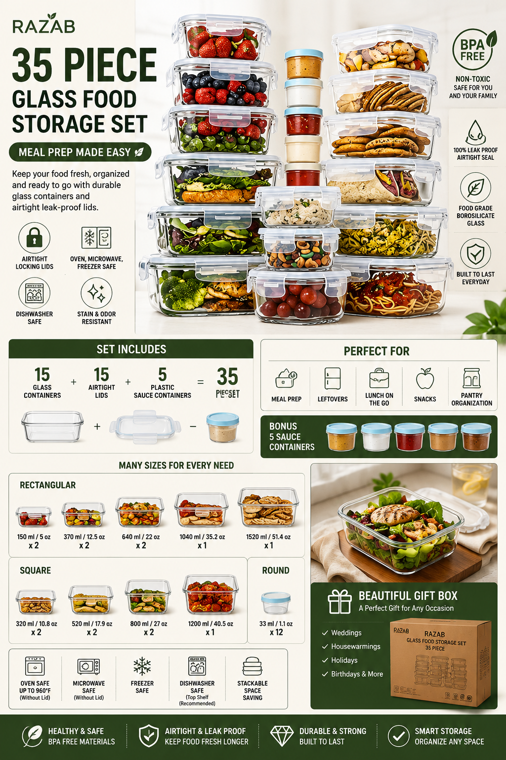 Razab 35 Piece Glass Food Storage Containers Set Razab 35 piece glass food storage containers set with airtight lids, meal prep containers, and leak-proof kitchen storage boxes