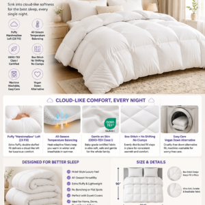 Extra fluffy white king size comforter with cloud-like down alternative fill and all-season comfort for luxury bedroom bedding