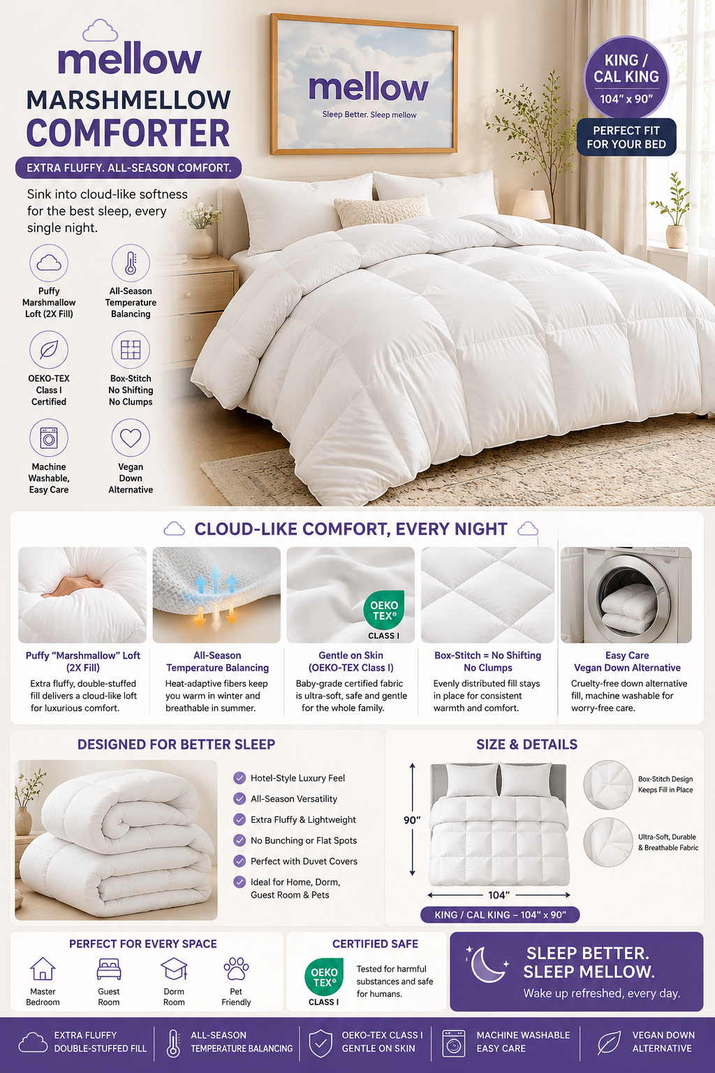 Mellow Marshmellow King Comforter Extra fluffy white king size comforter with cloud-like down alternative fill and all-season comfort for luxury bedroom bedding