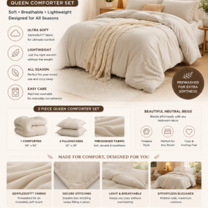 bedsure queen comforter set, beige soft prewashed bedding for all seasons, 3 pieces gentlesoft™ bed set, 1 lightweight comforter (90"x90") and 2 pillowcases (20"x26")