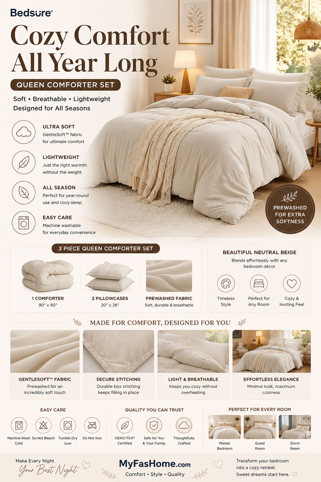 bedsure queen comforter set, beige soft prewashed bedding for all seasons, 3 pieces gentlesoft™ bed set, 1 lightweight comforter (90"x90") and 2 pillowcases (20"x26") bedsure queen comforter set, beige soft prewashed bedding for all seasons, 3 pieces gentlesoft™ bed set, 1 lightweight comforter (90"x90") and 2 pillowcases (20"x26")