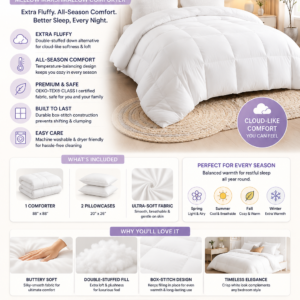Mellow Marshmallow extra fluffy white comforter on a queen bed with soft all-season down alternative filling.