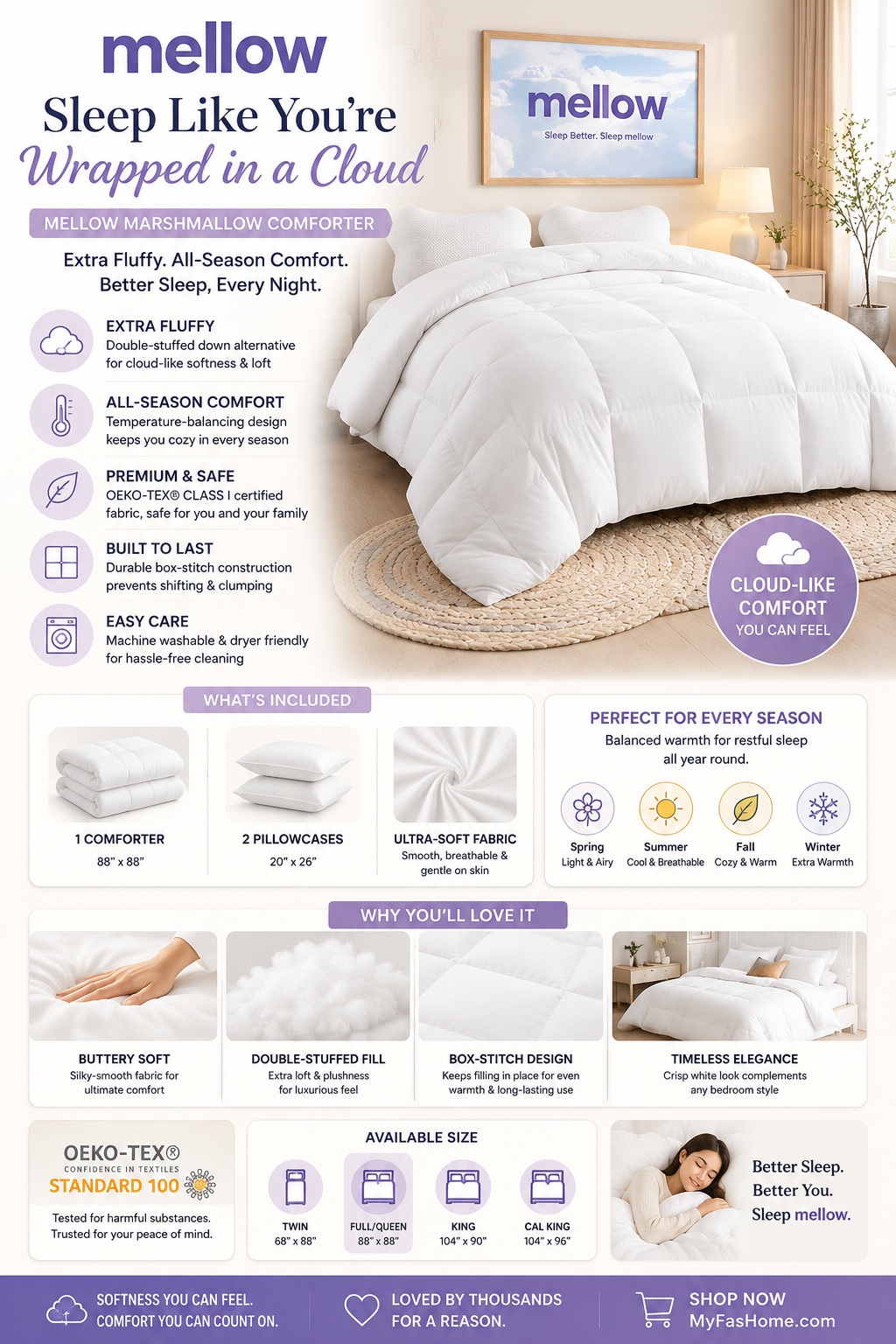 Mellow Marshmallow Comforter Full Queen Mellow Marshmallow extra fluffy white comforter on a queen bed with soft all-season down alternative filling.